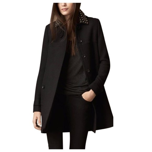 Burberry Studded Leather Collar A-line Coat